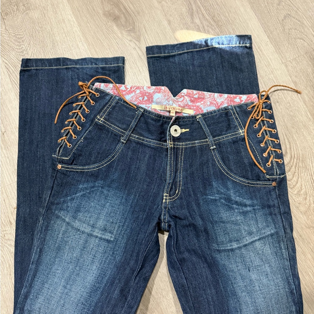 Blue Lace-Up wide Leg Jeans vintage y2k low rise 30 inch hips 7 in rise